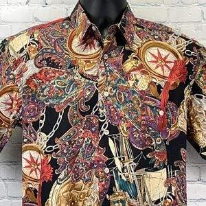 Vintage 90s Pirate Ship Roulette Button Front Shirt Black Burma Bibas S Small